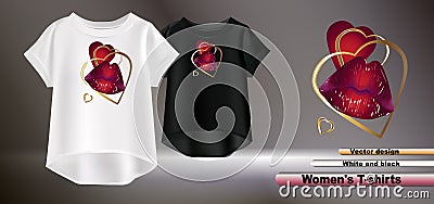 White and black t-shirts with red lips and golden heart Stock Photo